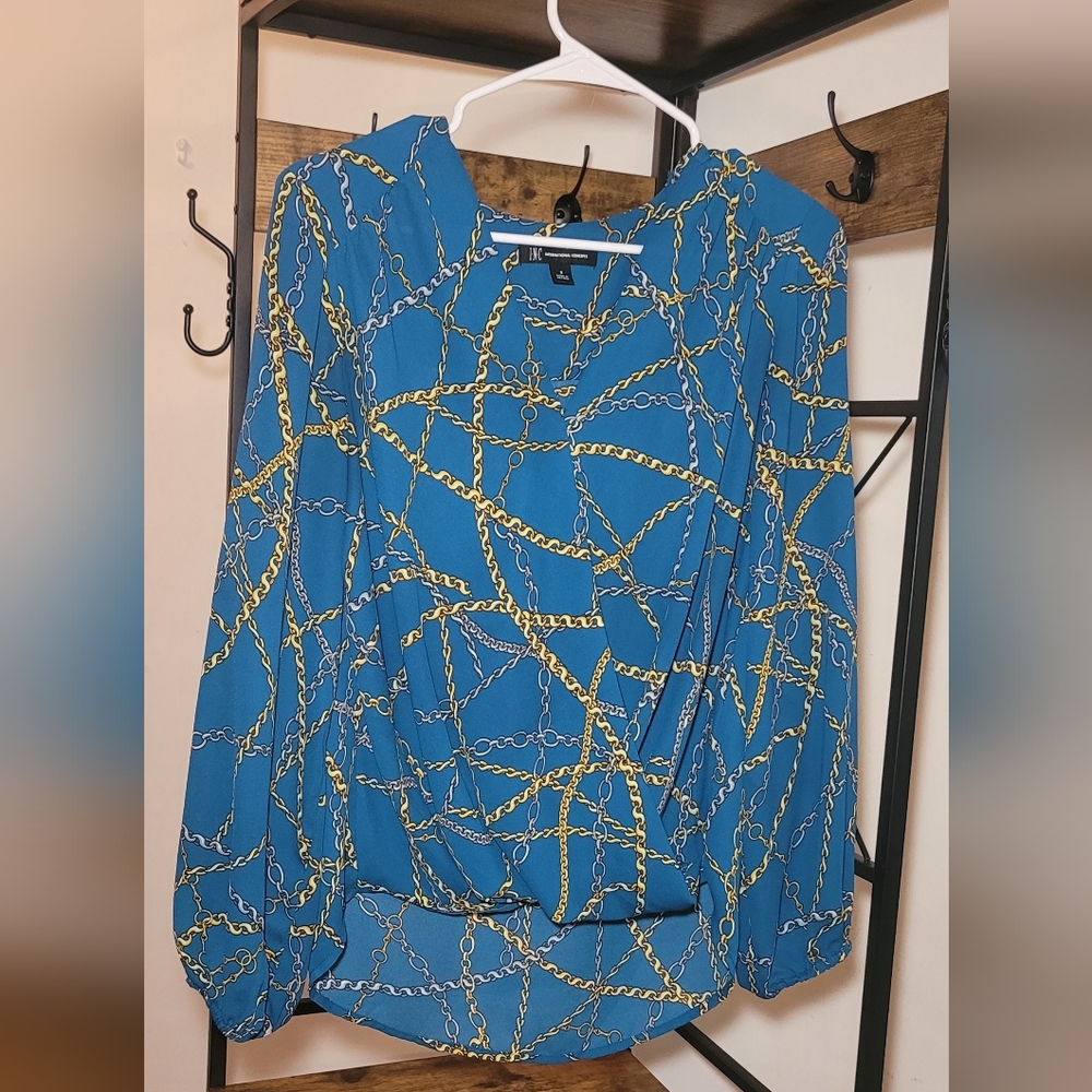 INC International Concepts Blue and Gold Chain Print Blouse